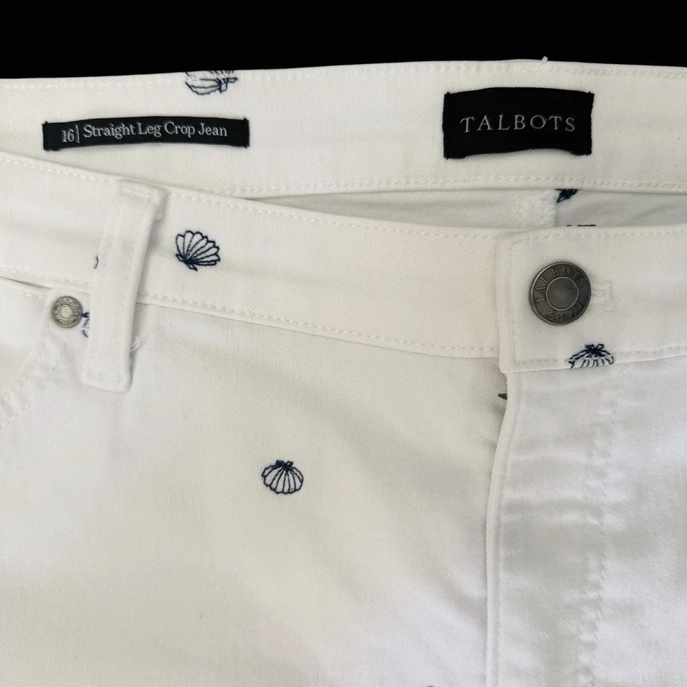 Talbots Crop Straight Leg Jeans White Sz 16 Embroidered Seashells Coastal Beachy